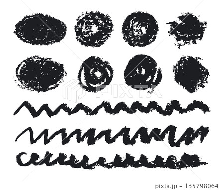 Grunge charcoal pencil strokes. Rough texture charcoal brushes, hand drawn doodle charcoal brushes flat vector illustration set. Black chalk textures strokes on white backdrop Grunge charcoal pencil strokes. Rough texture charcoal brushes, hand drawn doodle charcoal brushes flat vector illustration set. Black chalk textures strokes on white backdrop 135798064