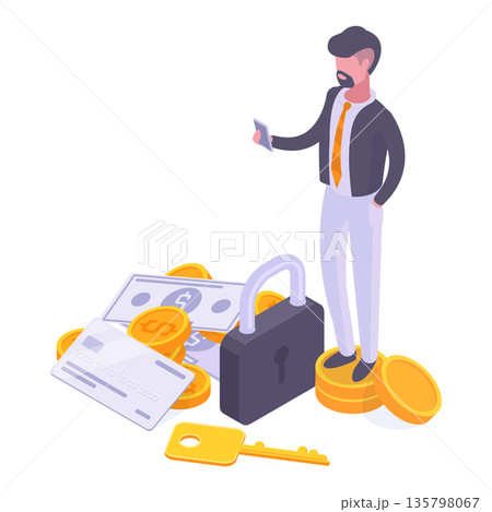 Money security. Isometric businessman protect savings or investments, financial security on smartphone screen 3d vector illustration. Online money safety concept 135798067