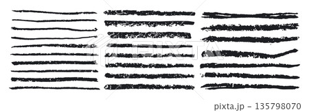 Rough texture charcoal strokes. Grunge charcoal pencil trace, hand drawn doodle charcoal lines flat vector illustration set. Black chalk textures strokes on white background Rough texture charcoal strokes. Grunge charcoal pencil trace, hand drawn doodle charcoal lines flat vector illustration set. Black chalk textures strokes on white background 135798070