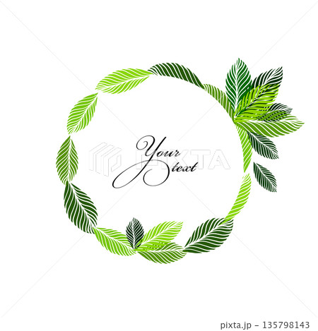 Elegant round frame made of green leaves. Hand drawn. Not AI, vector illustration. Elegant round frame made of green leaves. Hand drawn. Not AI, vector illustration. 135798143
