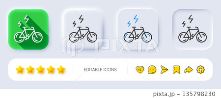 E-bike line icon. Neumorphic, Flat shadow, 3d buttons. Motorized bicycle transport sign. Electric bike symbol. Line e-bike icon. Social media icons. Vector E-bike line icon. Neumorphic, Flat shadow, 3d buttons. Motorized bicycle transport sign. Electric bike symbol. Line e-bike icon. Social media icons. Vector 135798230