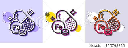 Iron line icon. Halftone dotted pattern. Gradient icon with grain shadow. Ferrum food nutrient sign. Capsule or pill supplement symbol. Line iron icon. Various designs. Vector Iron line icon. Halftone dotted pattern. Gradient icon with grain shadow. Ferrum food nutrient sign. Capsule or pill supplement symbol. Line iron icon. Various designs. Vector 135798236