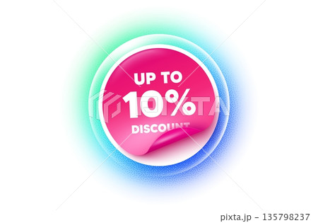 Discount tag sticker blue gradient. Paper offer price tag. Up to 10 percent discount tag. Sale offer price sign. Special offer symbol. Save 10 percentages. Sticker label. Grain dots effect. Vector 135798237