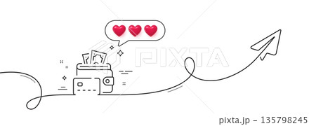 Money line icon. Continuous line with share plane. Cash wallet sign. Credit card symbol. Hearts rate review in speech bubble. Money single line ribbon. Loop curve pattern. Vector Money line icon. Continuous line with share plane. Cash wallet sign. Credit card symbol. Hearts rate review in speech bubble. Money single line ribbon. Loop curve pattern. Vector 135798245