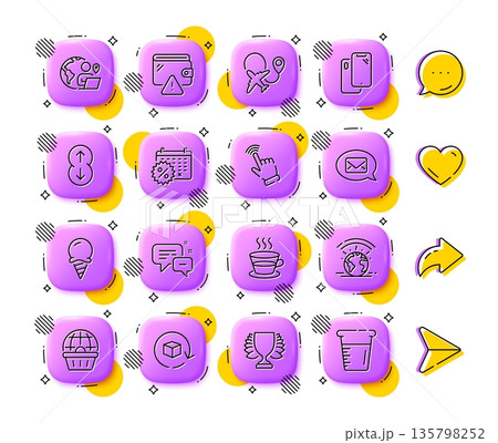 Smartphone, Coffee cup and Scroll down line icons. App 3d buttons. Social media comment, share, like icons. Pack of Outsource work, Online shopping, Return package icon. Vector Smartphone, Coffee cup and Scroll down line icons. App 3d buttons. Social media comment, share, like icons. Pack of Outsource work, Online shopping, Return package icon. Vector 135798252