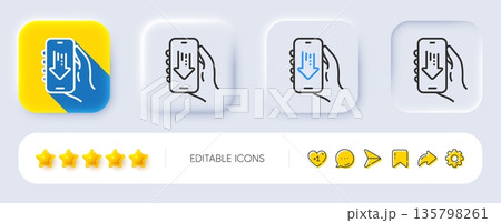 Download app line icon. Neumorphic, Flat shadow, 3d buttons. Hand hold phone sign. Cellphone with screen notification symbol. Line download app icon. Social media icons. Vector Download app line icon. Neumorphic, Flat shadow, 3d buttons. Hand hold phone sign. Cellphone with screen notification symbol. Line download app icon. Social media icons. Vector 135798261