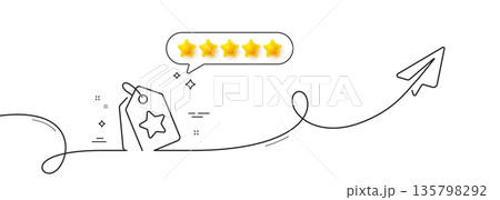 Loyalty star tags line icon. Continuous line with share plane. Bonus points. Discount program symbol. Five star rate review in speech bubble. Loyalty tags single line ribbon. Vector Loyalty star tags line icon. Continuous line with share plane. Bonus points. Discount program symbol. Five star rate review in speech bubble. Loyalty tags single line ribbon. Vector 135798292