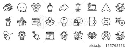 Smartphone protection, Cash back and Return package line icons pack. Share, Message, Paper plane icons. Cursor, Headphones, Vegetables web icon. Bid offer, Smile chat, Reject medal pictogram. Vector 135798338