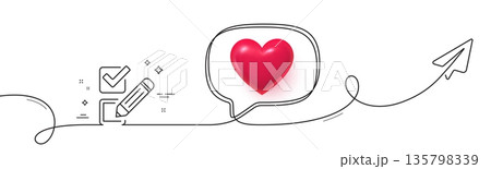 Checkbox line icon. Continuous line with share plane. Survey choice sign. Business review symbol. 3d heart in speech bubble. Checkbox single line ribbon. Loop curve pattern. Vector Checkbox line icon. Continuous line with share plane. Survey choice sign. Business review symbol. 3d heart in speech bubble. Checkbox single line ribbon. Loop curve pattern. Vector 135798339