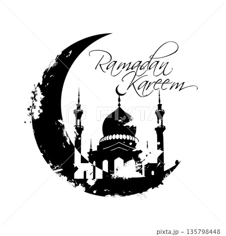 Ramadan monochrome symbol. moon and mosque. Hand drawn. Not AI, vector illustration. 135798448