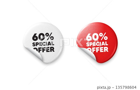 Discount sticker tags. Glitter paper price badge. 60 percent discount offer tag. Sale price promo sign. Special offer symbol. Offer round sticker. Promo banner. Vector Discount sticker tags. Glitter paper price badge. 60 percent discount offer tag. Sale price promo sign. Special offer symbol. Offer round sticker. Promo banner. Vector 135798604