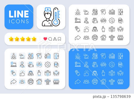 Recruitment, Computer fingerprint and App settings line icons for web app. Message, Share, Like social media icons. Pack of Cyber attack, Thermometer, Medical insurance pictogram icons. Vector Recruitment, Computer fingerprint and App settings line icons for web app. Message, Share, Like social media icons. Pack of Cyber attack, Thermometer, Medical insurance pictogram icons. Vector 135798639