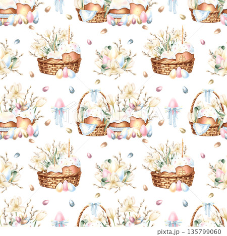 Delicate Easter seamless pattern with icing cake, spring flowers, colorful eggs, willow branches. Festive repeat ornament of bright holiday with tulip in wicker basket. Watercolor isolated background Delicate Easter seamless pattern with icing cake, spring flowers, colorful eggs, willow branches. Festive repeat ornament of bright holiday with tulip in wicker basket. Watercolor isolated background 135799060