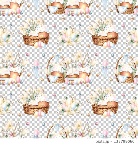 Delicate Easter seamless pattern with icing cake, spring flowers, colorful eggs, willow branches. Festive repeat ornament of bright holiday with tulip in wicker basket. Watercolor isolated background Delicate Easter seamless pattern with icing cake, spring flowers, colorful eggs, willow branches. Festive repeat ornament of bright holiday with tulip in wicker basket. Watercolor isolated background 135799060