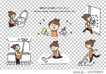 Illustration set of housewives cleaning Illustration set of housewives cleaning 135799091