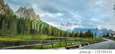 A scenic road in the Italian Alps. Hiking trails in the Dolomite Alps. High quality photo 135799132