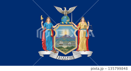 New York official state flag. Part of The United States of America. Clean design for print, web, or educational use. Vector illustration. 135799848
