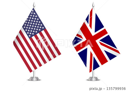 Flags of United States and United Kingdom. The concept of partnership and joint action. Symbol of partnership, cooperation, international collaboration, peaceful negotiations, alliance, bilateral 135799936