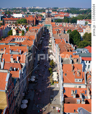 Aerial view of Gdansk Old Town red rooftops and historic street Aerial view of Gdansk Old Town red rooftops and historic street 135800084