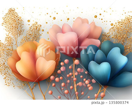 Mixed colorful flowers backdrop, Field meadow and garden flowers with glitter and sparkle, beautiful background for a postcard, wallpaper, textile, screensaver for a phone computer 135800374