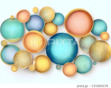 Abstract composition, orbs and vivid multi-colored circular shapes blending elegantly, creating luxurious geometric pattern with metallic sheen and sophisticated visual rhythm Abstract composition, orbs and vivid multi-colored circular shapes blending elegantly, creating luxurious geometric pattern with metallic sheen and sophisticated visual rhythm 135800376