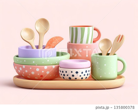 Colorful ceramic bowls, wooden utensils arranged on rustic wooden tray, presenting homey kitchen style with warm, inviting dining aesthetic 135800378