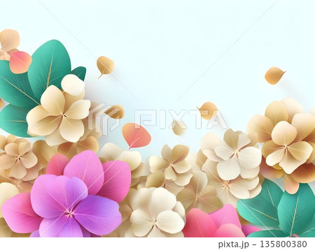 Luxurious pink and green blooms flowers nestling amid delicate pink beads, crafting sophisticated floral composition against soft neutral backdrop, copy space 135800380