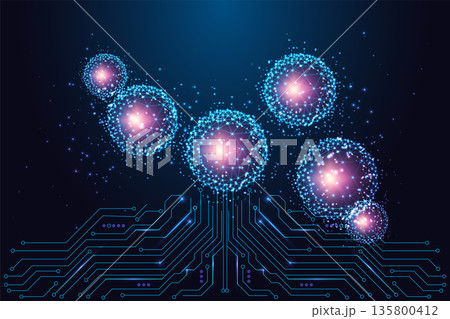 Digital Bubbles. Particle Energy, Futuristic Tech Spheres, Low Poly Neon Vector Illustration 135800412