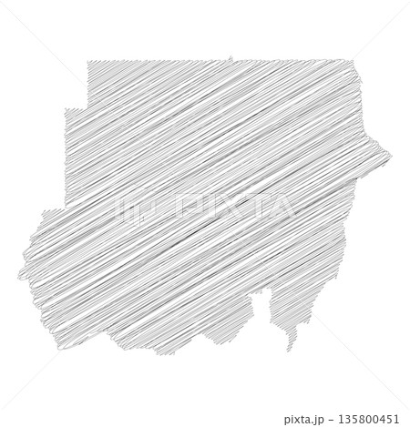 Sudan - pencil scribble sketch silhouette map of country area with dropped shadow. Simple flat vector illustration. 135800451