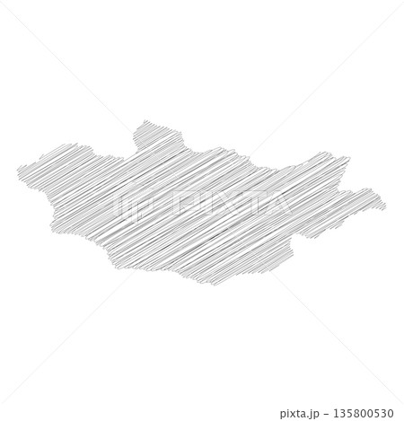 Mongolia - pencil scribble sketch silhouette map of country area with dropped shadow. Simple flat vector illustration. 135800530