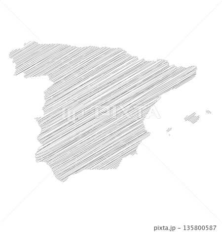 Spain - pencil scribble sketch silhouette map of country area with dropped shadow. Simple flat vector illustration. 135800587