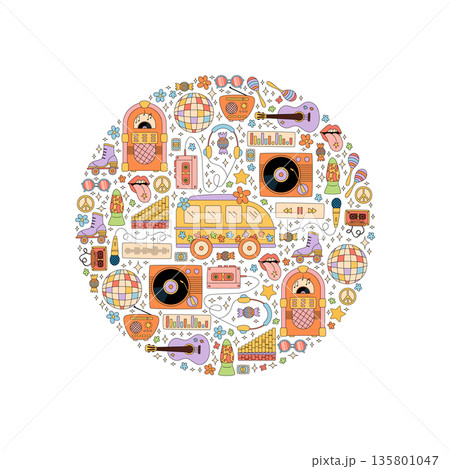 Groovy y2k music festival in colorful circle style. Funky party mood with record, cassette, boombox and guitar. Vintage retro concept background for stylish and trendy event or pop culture 135801047