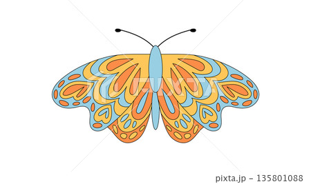 Groovy retro butterfly with psychedelic orange and blue. Funky 70s colorful butterfly as y2k groovy element, artistic graphic with vintage flair, modern pop and playful style. 135801088