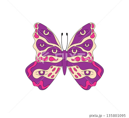 Groovy psychedelic butterfly sticker with retro and funky pop style. Colorful patch forms a unique retro butterfly and eye motif. Groovy element in vibrant pop palette, modern visual accent. Groovy psychedelic butterfly sticker with retro and funky pop style. Colorful patch forms a unique retro butterfly and eye motif. Groovy element in vibrant pop palette, modern visual accent. 135801095