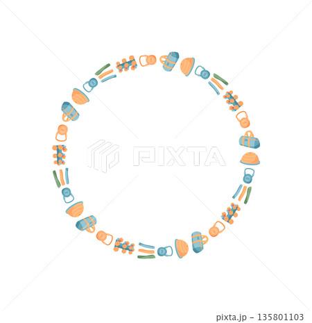 Circle frame of colorful fitness equipment. Round workout items arranged in a minimal style. Sport and training accessories for a healthy lifestyle and exercise themes. 135801103