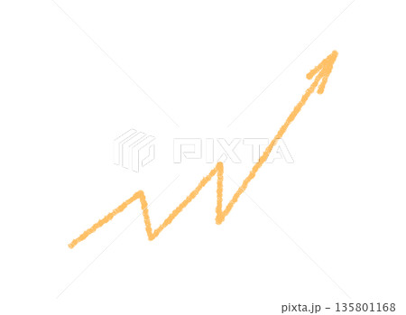 Wavy orange arrow with hand drawn crayon stroke. Sketch pointer icon curves up as playful element. Handdrawn style in orange, perfect for symbol, template, creative media or background accent. Wavy orange arrow with hand drawn crayon stroke. Sketch pointer icon curves up as playful element. Handdrawn style in orange, perfect for symbol, template, creative media or background accent. 135801168