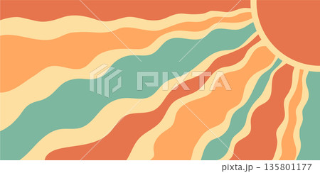 Groovy retro sun burst with orange and yellow wavy rays as sunshine spreads across the horizontal background. sun and wave burst blend with y2k style, perfect for summer, pop art modern decor. 135801177