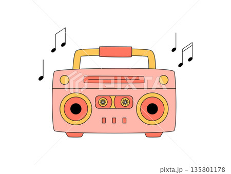 Retro groovy pink cassette boombox cartoon graphic style. Funky y2k music tape player and stereo radio in graphic form, with playful audio look. Groovy element for pop art and trendy creative sticker Retro groovy pink cassette boombox cartoon graphic style. Funky y2k music tape player and stereo radio in graphic form, with playful audio look. Groovy element for pop art and trendy creative sticker 135801178
