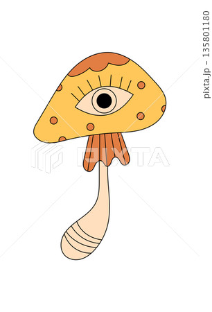 Groovy mushroom cartoon sticker in retro psychedelic style with magic eye and trippy shroom shape. Groovy element brings y2k, magic and fun, perfect for sticker, cartoon or groovy themed design. 135801180