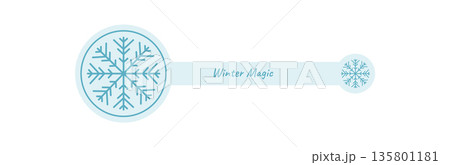 Blue snow flake sticker label with winter line style. Cool seal element for box lid and christmas decoration. Blue illustration adds seasonal touch, ideal as label for festive packaging or product 135801181