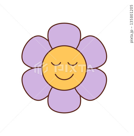 Groovy retro cartoon flower icon with a cute smile and happy face draws on a yellow petal style. This y2k groovy element has playful look, perfect for trendy art, positive sticker or young fun 135801205