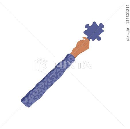 Colorful human hand holding a puzzle piece. Vibrant arm in a symbolic gesture with abstract shape. Flat style, perfect metaphor for teamwork, unity, ideas, and strategy concepts. 135801212