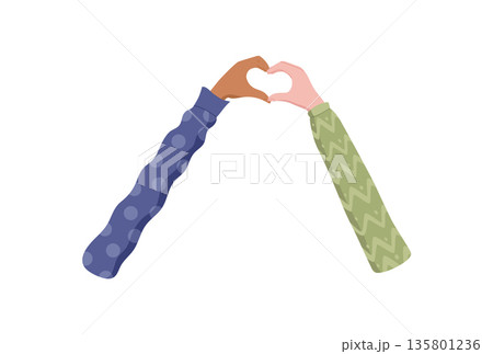 Colorful hands forming a heart shape. People connected by love and solidarity. Symbol of teamwork, friendship, and diverse unity. Abstract minimal style, perfect for concepts of community 135801236