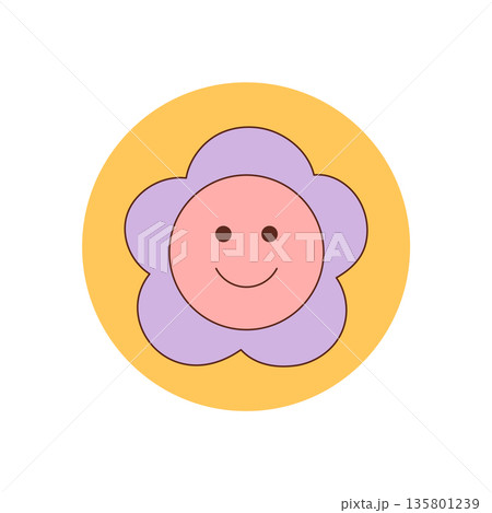 Groovy retro flower with cute happy face and colorful smile in circle shape sticker. Sticker label for package or box lid with y2k style, playful design, positive motif and modern nostalgic vibe. 135801239