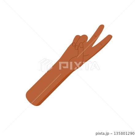 Flat cartoon hand showing two fingers sticker. Human hand gesture with two raised fingers for count or number sign. Bare palm isolated on white, minimal and simple style for education or concepts. 135801290