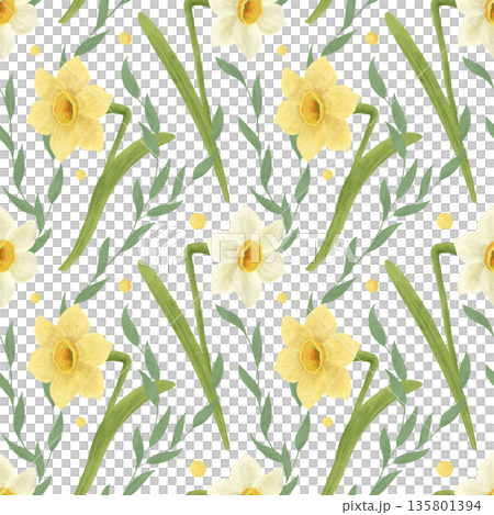 Seamless pattern: yellow, white narcissus, green leaves, twigs, grass, handdrawn watercolor illustration in a flat naive style on a white background. Element for packaging design, textiles, wallpapers 135801394