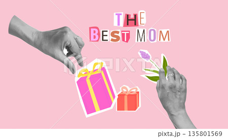 Mothers Day Collage Flowers Hearts Love Mom. For card poster social media graphic or web design in marketing campaigns. Vector illustration. 135801569