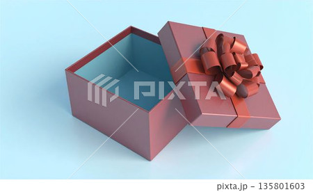 蓋が開いた赤いギフトボックスの3Dモックアップ。プレゼント、贈り物、ECサイトの商品展示用空箱テンプ 135801603