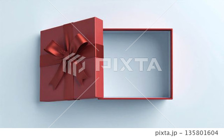 蓋が開いた赤いギフトボックスの3Dモックアップ。プレゼント、贈り物、ECサイトの商品展示用空箱テンプ 135801604