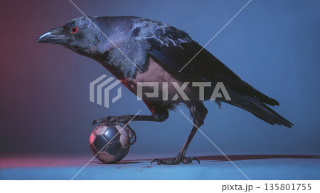 決戦のカラスとサッカーボール｜赤と青の光が映し出す“カラス”の闘志 135801755